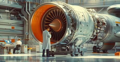 Poster - Scientist examining jet engine in high-tech laboratory with colleague working at desk