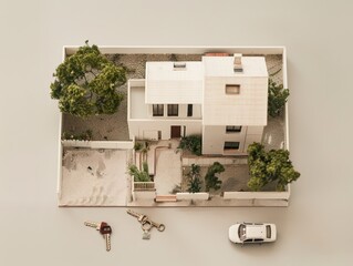 Wall Mural - Real estate concept  house keys by well composed one story house layout in photography shot