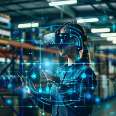 Poster - Future virtual reality technology for innovative VR warehouse management . Concept of smart technology for industrial revolution and automated logistic control