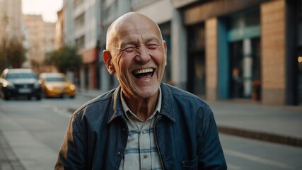 Poster - elderly bald guy laughing hysterical happy on casual street city background