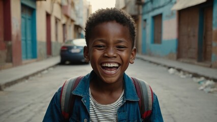 Poster - young african kid boy laughing hysterical happy on casual street city background