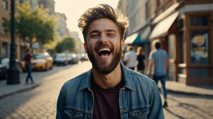 Poster - young bearded guy laughing hysterical happy on casual street city background