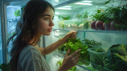 Young Woman Analyzing Fresh Produce Selection in an Organized Refrigerator. Generative ai