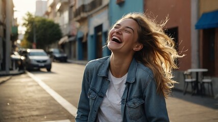 Poster - young woman laughing hysterical happy on casual street city background