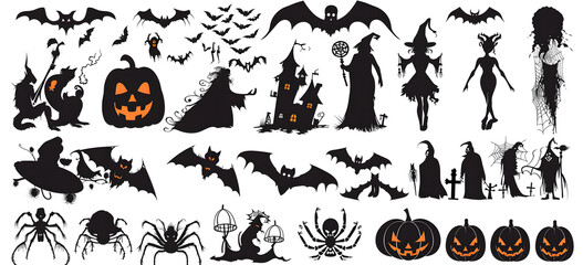 Wall Mural - Collection of halloween silhouettes icon and character., witch, creepy and spooky elements for halloween decorations, silhouettes, sketch, icon, sticker. Hand drawn vector illustration - Vector