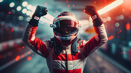 Wall Mural - Formula one racing team driver cheering, celebrating victory on sports track.