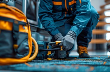 Wall Mural - Technician in blue overalls using tools to perform maintenance or repairs indoors