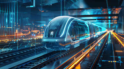 Poster - Futuristic high-speed train in a digital, tech-infused environment.