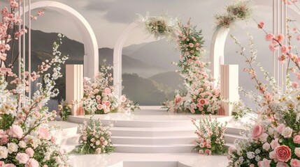 Poster - A charming 3D wedding podium with intricate designs and floral decorations, set against a serene and picturesque background
