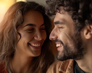 Cheerful man and woman looking at each other with happiness and joy in a heartwarming moment.