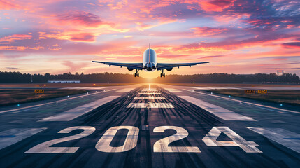 An airplane takes off on a runway marked with the number 2024 during a vibrant sunset, symbolizing the end of the year 2024 and the hopeful transition into the future.