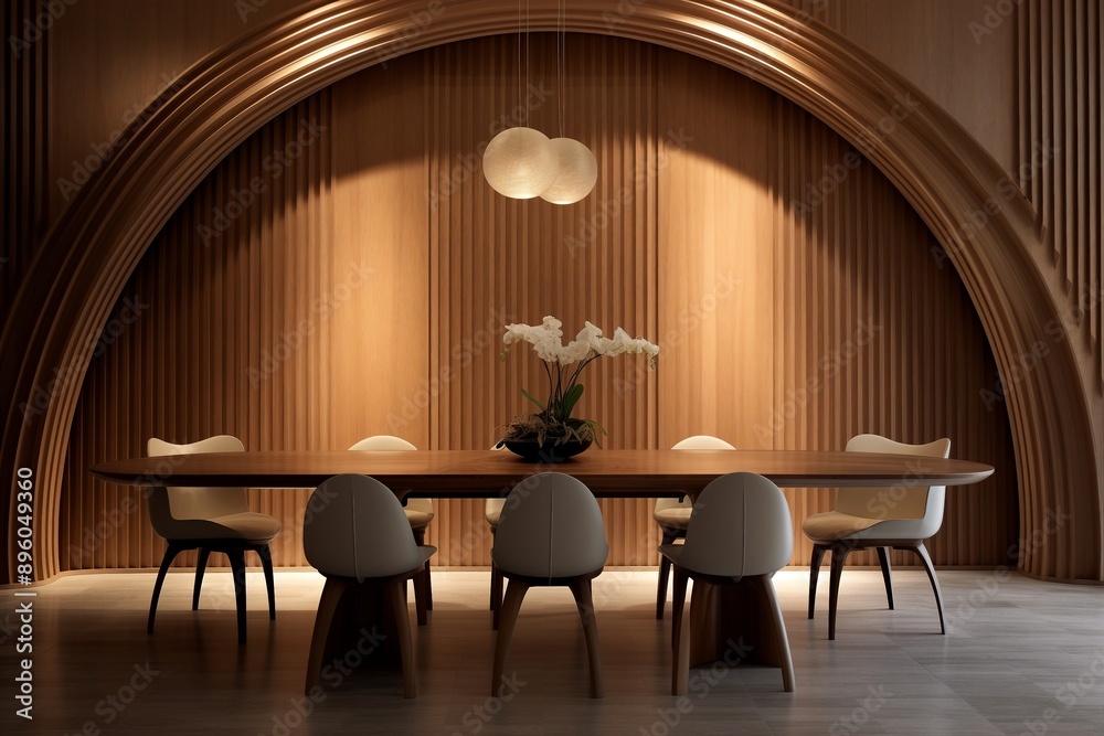 Minimalist interior design of a modern dining room featuring abstract ...
