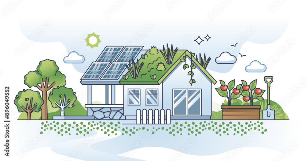 View of Sustainable housing and home with green and lush solar roof outline ...
