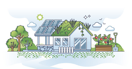 Wall Mural - Sustainable housing and home with green and lush solar roof outline concept, transparent background.Alternative electricity with nature friendly power from sun energy illustration.