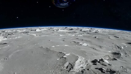 Poster - the surface of the moon is visible from a distance, with the earth's atmosphere in the background.