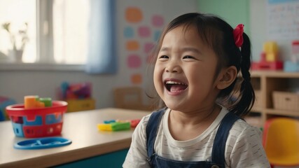 Poster - child toddler asian girl hysterical laughing smiling happy portrait in kinder classroom background with copy space