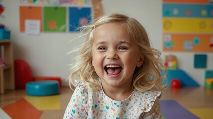 Poster - child toddler blonde girl hysterical laughing smiling happy portrait in kinder classroom background with copy space