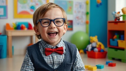 Poster - child toddler nerd boy hysterical laughing smiling happy portrait in kinder classroom background with copy space