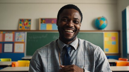 Poster - teacher african guy hysterical laughing smiling happy portrait in kinder classroom background with copy space