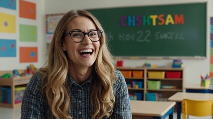 Poster - teacher nerd woman hysterical laughing smiling happy portrait in kinder classroom background with copy space