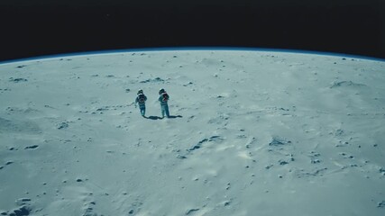 Poster - two astronauts stand on the surface of the moon, looking out at the horizon.