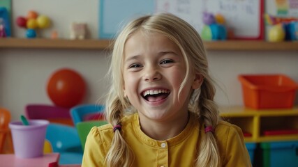 Poster - young blonde kid girl hysterical laughing smiling happy portrait in kinder classroom background with copy space