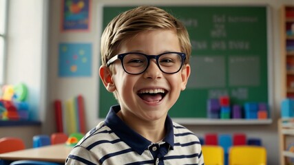 Poster - young nerd kid boy hysterical laughing smiling happy portrait in kinder classroom background with copy space