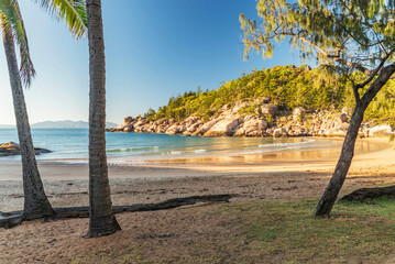 Picturesque golden sandy Alma Beach with granite boulders and turquoise water on Magnetic Island, Queensland, Australia. The island is a holiday destination 8 km offshore of Townsville.