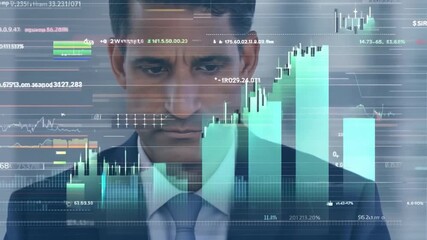 Poster - A businessman in a suit looks thoughtfully at a digital screen, a double exposure image overlaying financial data and charts.