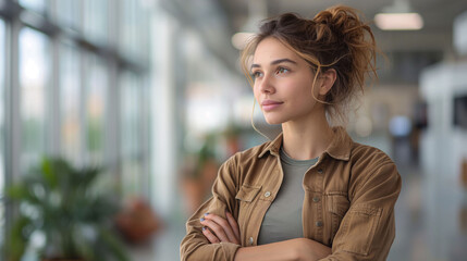 confident woman in casual attire in modern office environment. generative ai