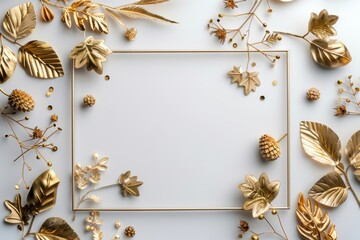 Elegant white blank page with gold decoration, leaves, and pinecones