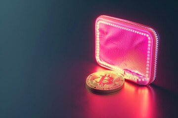 Aufkleber - Bitcoin digital wallet glowing with neon light and golden cryptocurrency coin, digital money, blockchain technology.