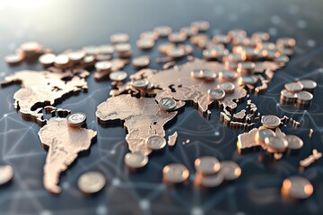 Poster - World map with coins representing global economy, finance, investment trends, and international trade on abstract technology background.