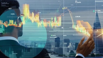 Poster - A man looks out at a cityscape from a high-rise building with overlapping charts and graphs depicting financial data.