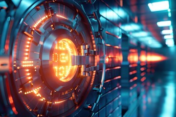 Poster - Futuristic glowing red neon circular mechanism in a high-tech environment, showcasing advanced technology and engineering.