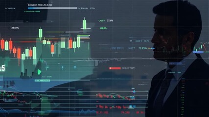 Poster - A silhouette of a businessman with a suit and tie stands in front of a digital display showcasing financial data, charts, and graphs.