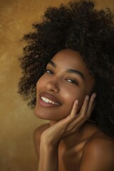 For cosmetics and wellbeing, a black woman thinks in studio against an orange background. A model woman posing for antiaging treatment or product