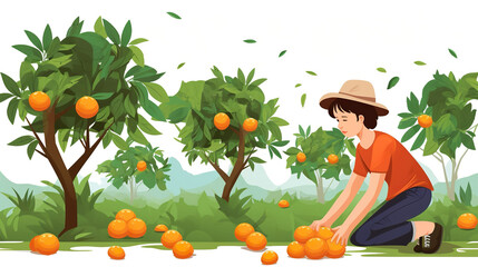 Boy picking oranges isolated on pure white background