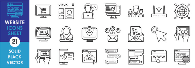 Fototapete - A set of line icons related to website. Webpage, e-commerce, shopping, business, programmer, chat, message, mail, touch, address, router, team, designer and so on. Vector outline icons set.