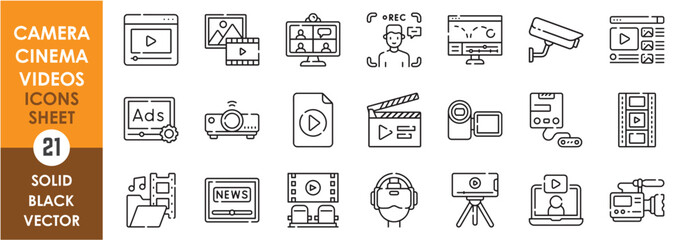 Fototapete - A set of line icons related to camera, cinema and video. Video, camera, record, list, old, virtual reality, movies, advertisement, projector, shooting, cctv, edit, animation, news and so on.
