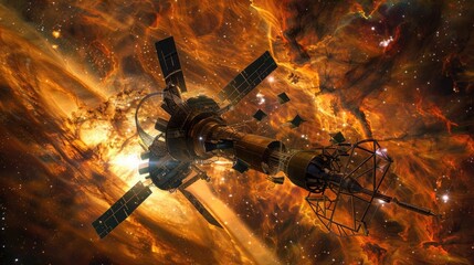 A massive spaceborne observatory studying the birth of new stars in a distant nebula, its array of telescopes and sensors pointed towards the cosmic spectacle.