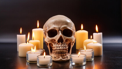 Skull with several candles of different sizes arranged around it