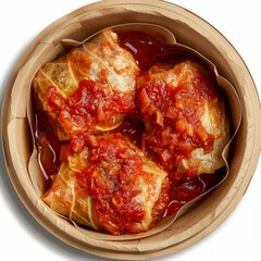 Wall Mural - Close-up of delicious stuffed cabbage rolls placed in a round wooden plate. The dish is topped with rich tomato sauce. Perfect for food blogs, recipe websites, or culinary magazines. AI