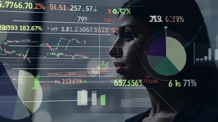 Poster - A businesswoman examines financial data displayed on a screen, with a double exposure effect showcasing charts and graphs overlaying her face.