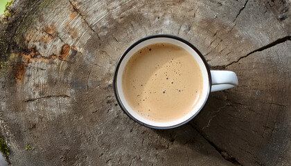 Enamel mug filled with frothy coffee on a rustic wooden tree stump table. Tasty hot drink. Top view