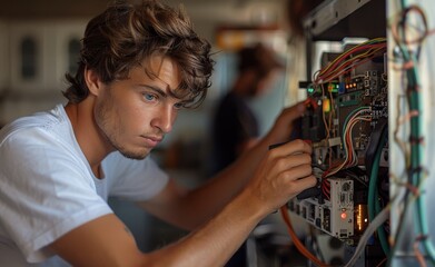 Poster - Young technician working on a computer motherboard with precision in a tech lab