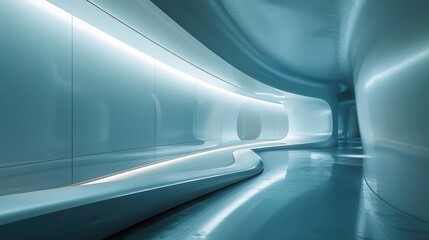 minimalist futuristic interior with smooth curved walls soft ambient lighting and reflective floor subtle gradients of calming blue create a serene atmosphere