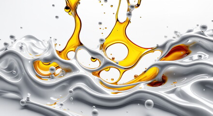 Poster - Golden liquid splashing and rippling on a reflective surface, creating a beautiful and dynamic pattern