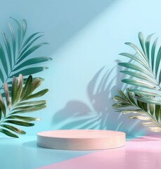 Minimal mockup scene with wooden podium, tropical leaves on blue backdrop, 3D rendered illustration. 3D Rendering Mock up