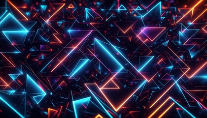 Poster - Digital abstract artwork featuring an intricate pattern of geometric shapes, including triangles and squares, with vibrant color scheme of blue, orange, and red neon hues